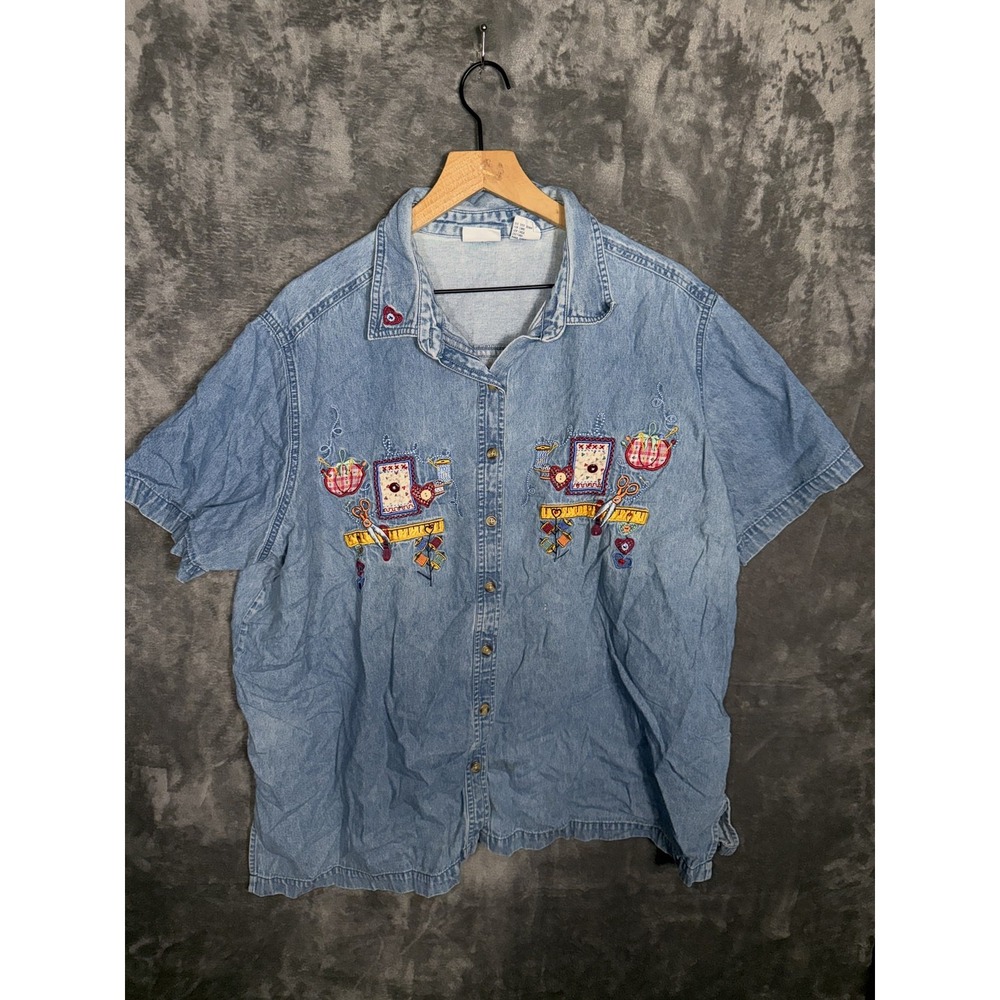 Bobbie Brooks Womens Plus Size 22W Denim Shirt Embroidered Sewing Short Sleeve